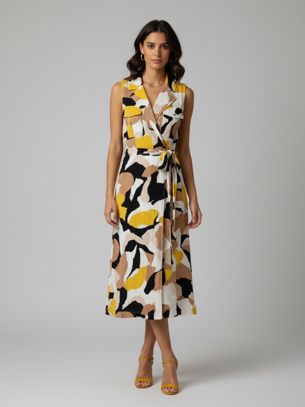Sleeveless Wrap Midi Dress in Yellow & Black Abstract Print